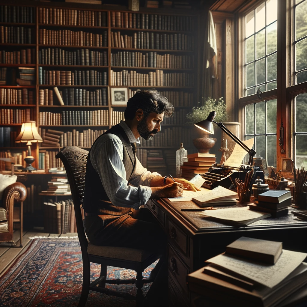 DALL·E 2023-11-22 12.10.53 - A novelist writing in a home library. The setting is a cozy room filled with bookshelves brimming with books. The novelist, a middle-aged man of South.png
