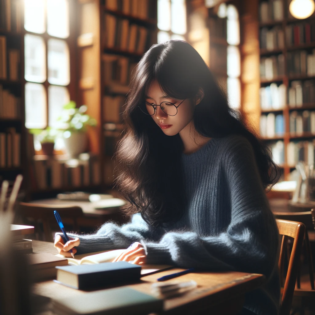 DALL·E 2023-12-29 08.32.16 - A serene scene in a library. A woman with long, wavy black hair is seated at a wooden table, deeply focused on writing in a notebook. She's wearing a .png