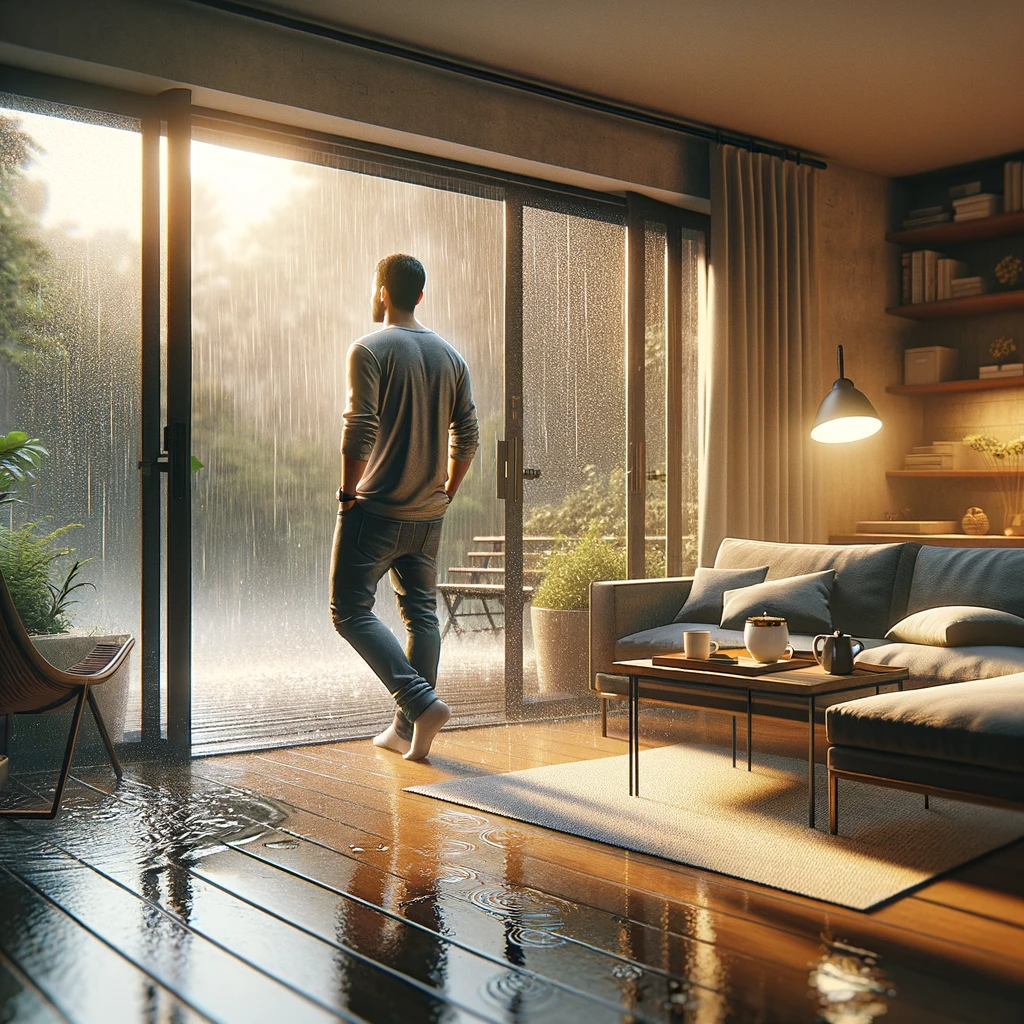 DALL·E 2024-01-16 15.57.47 - A realistic image of a man enjoying the view of rain from a living room terrace. The man is casually dressed, standing near the terrace door with a cu.png