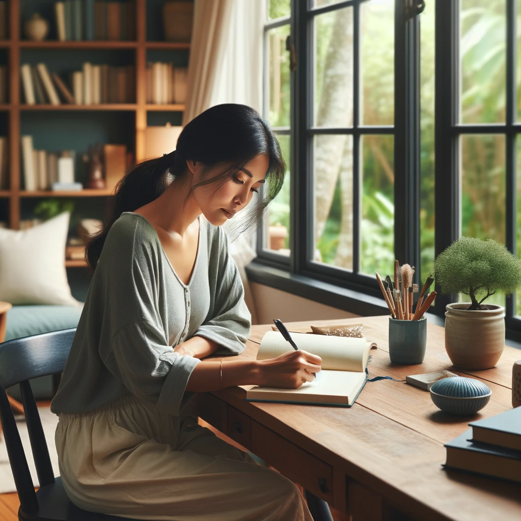 DALL·E 2023-12-06 07.54.35 - A tranquil home office setting with a desk and a large window showing a peaceful garden view. An East Asian female writer, in her 30s, is sitting at t.png