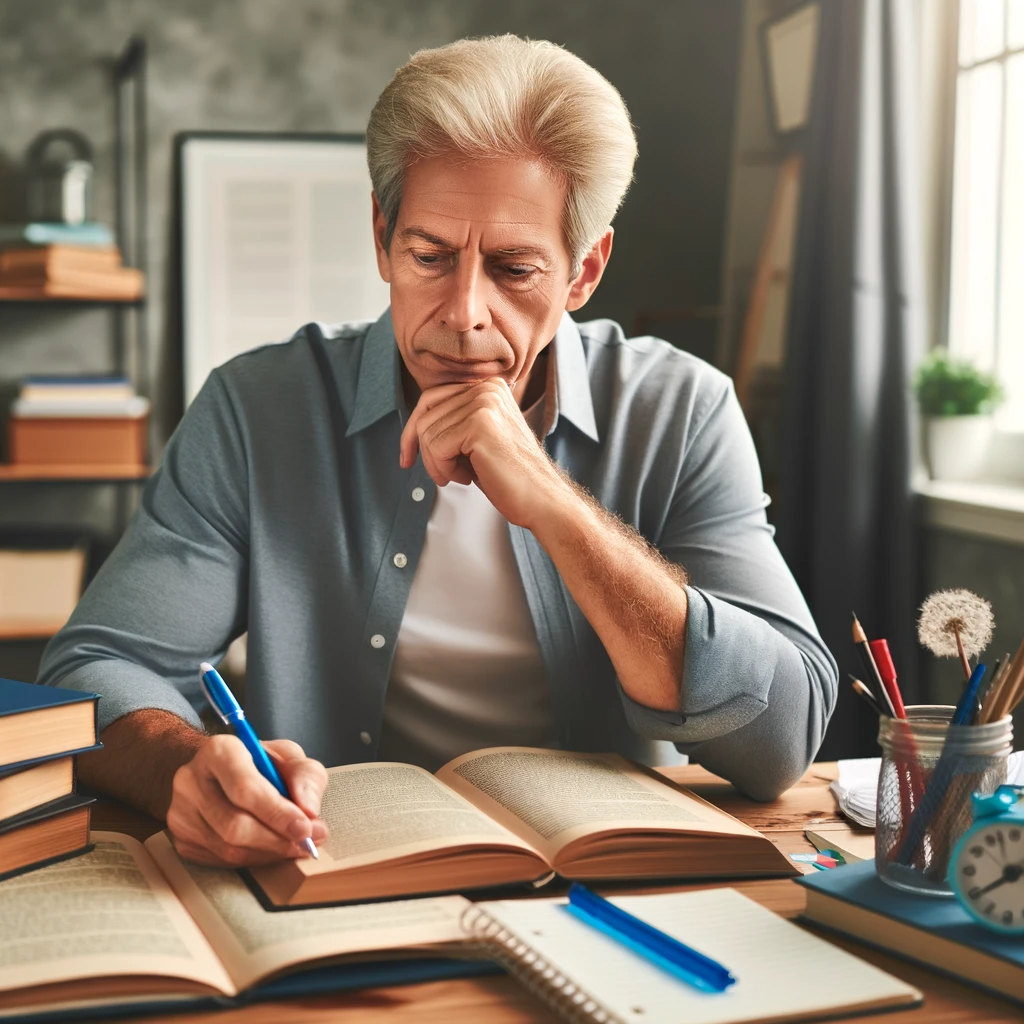 DALL·E 2023-12-09 08.39.44 - A middle-aged retiree studying diligently at a desk, surrounded by various books and writing tools. The subject of study could be science, language le.png