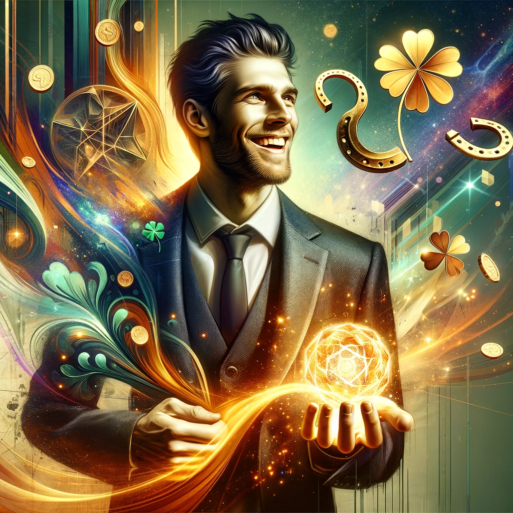 DALL·E 2023-11-14 13.15.13 - An artistic representation of a man who has just captured fortune. He stands triumphantly, a broad, confident smile on his face, his eyes sparkling wi.png