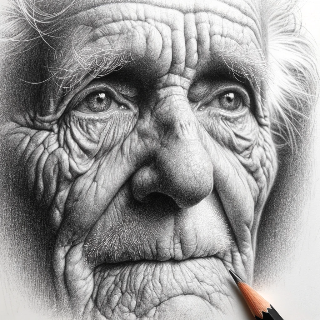 DALL·E 2023-11-13 14.07.41 - A pencil sketch of an elderly person's face, capturing the deep lines and wrinkles that tell the story of a long life. The drawing focuses on the deta.png