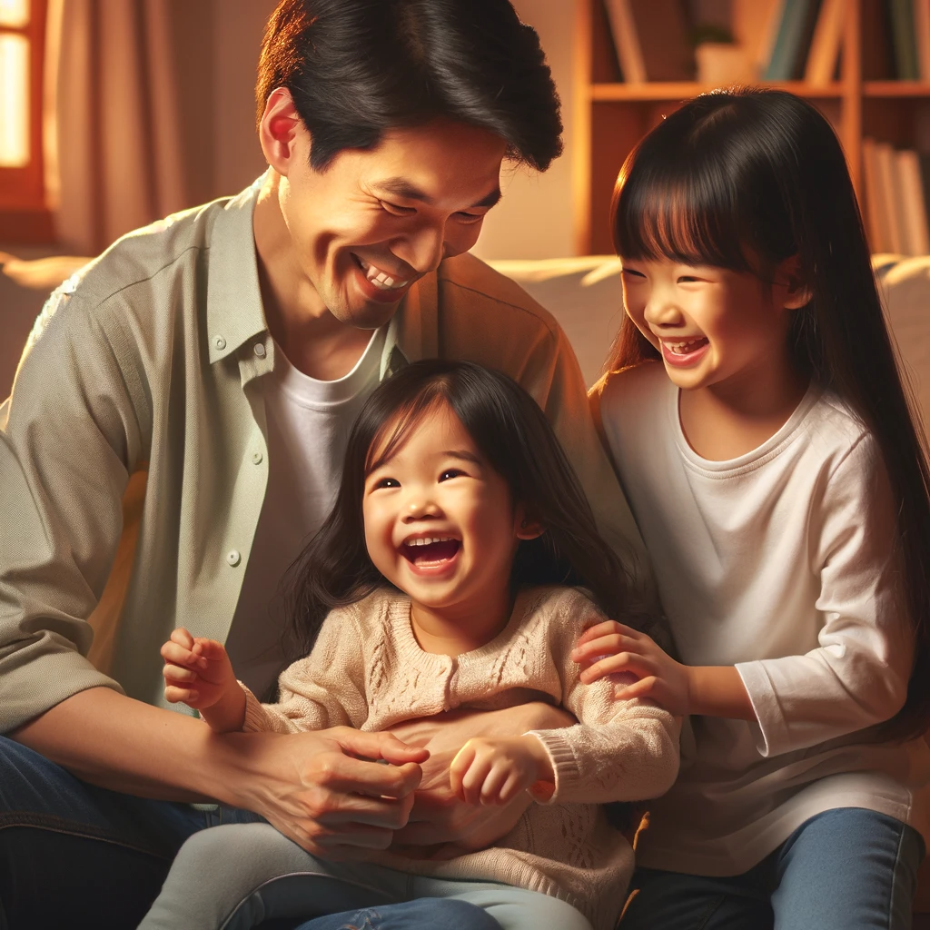 DALL·E 2024-01-10 09.35.37 - A heartwarming scene of a father spending joyful time with his two lovely daughters. The father is of Asian descent, one daughter has long black hair,.png