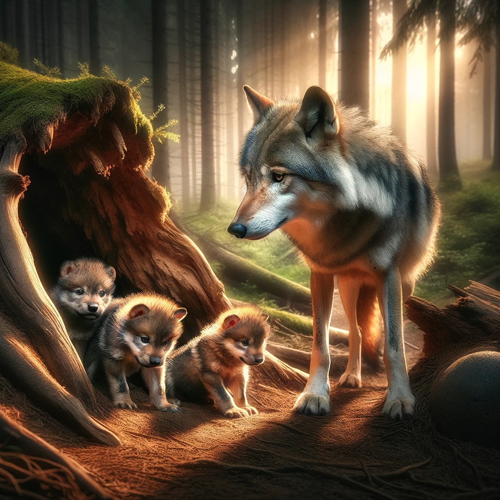 DALL·E 2023-12-09 08.39.38 - A mother wolf caring for her cubs near a den in the forest. The mother wolf is in a protective stance, while the curious wolf cubs explore their surro.png