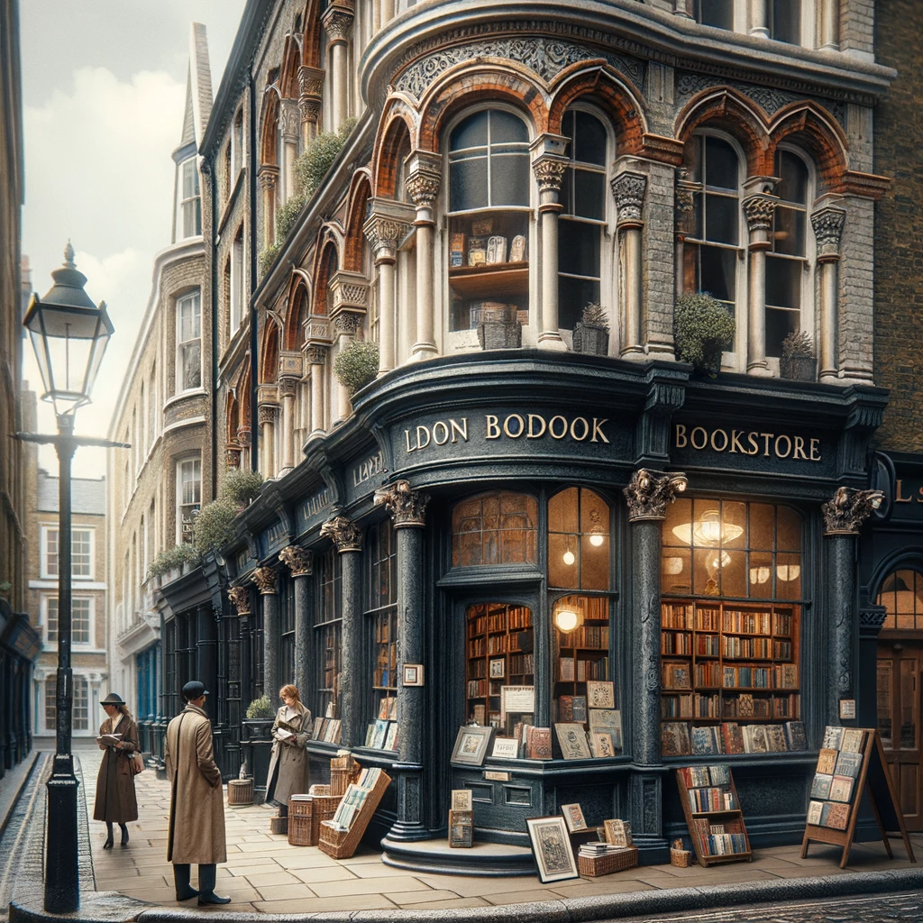 DALL·E 2023-11-18 20.59.26 - An old bookstore in London, featuring a charming, vintage exterior with a classic British architectural style. The facade is adorned with intricate br.png