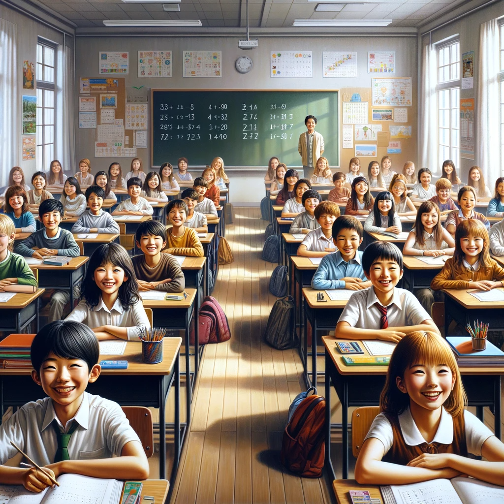 DALL·E 2024-01-11 08.13.37 - A realistic painting of a classroom filled with students, each displaying bright, cheerful expressions. The students are of various ethnicities, sitti.png
