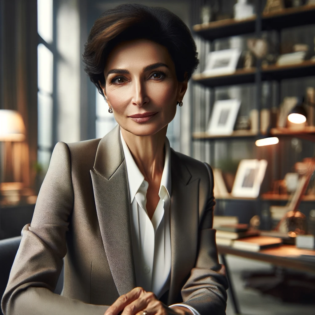 DALL·E 2024-01-06 16.02.54 - An intellectual and charismatic middle-aged woman of Middle-Eastern descent in a sophisticated setting. She is wearing a stylish, professional suit, w.png