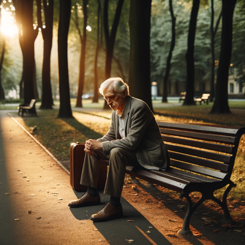 DALL·E 2024-01-19 11.15.27 - A lonely elderly man sitting on a park bench. He is looking down, lost in thought, with a distant, melancholic expression. The park is quiet and seren.png