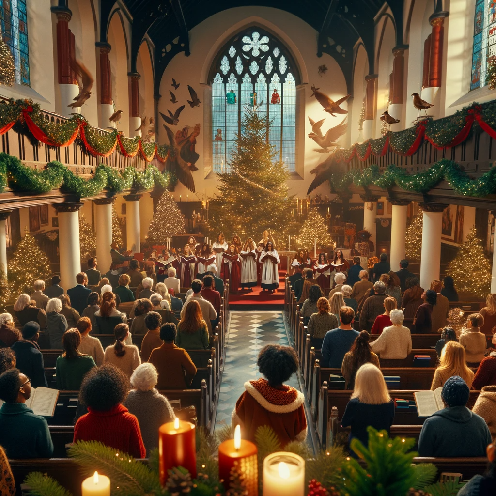 DALL·E 2023-12-26 15.08.44 - A Christmas worship scene in a beautifully decorated church. The church interior is adorned with festive decorations, including green garlands, red ri.png
