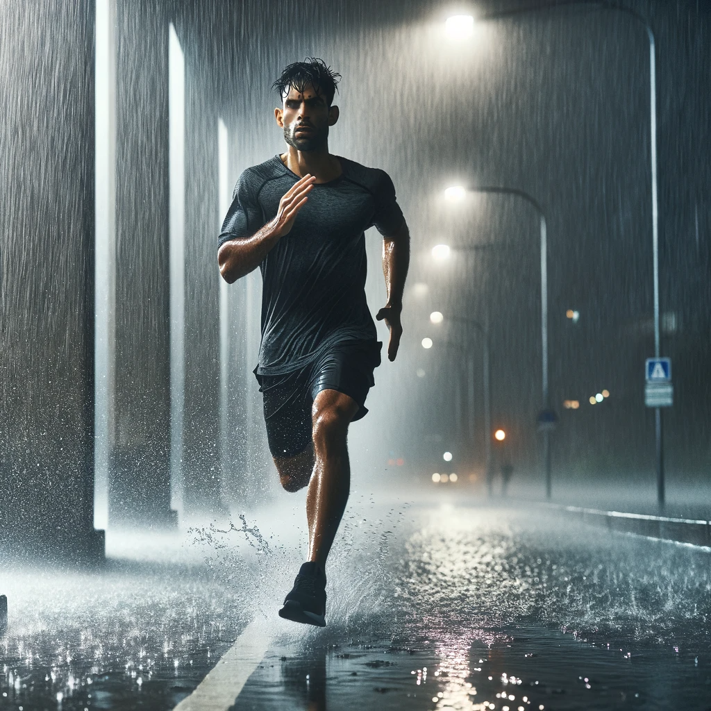 DALL·E 2023-11-20 05.22.41 - A man running in the rain, capturing the dynamic movement and intensity of the moment. He is of South Asian descent, in his 30s, with short black hair.png