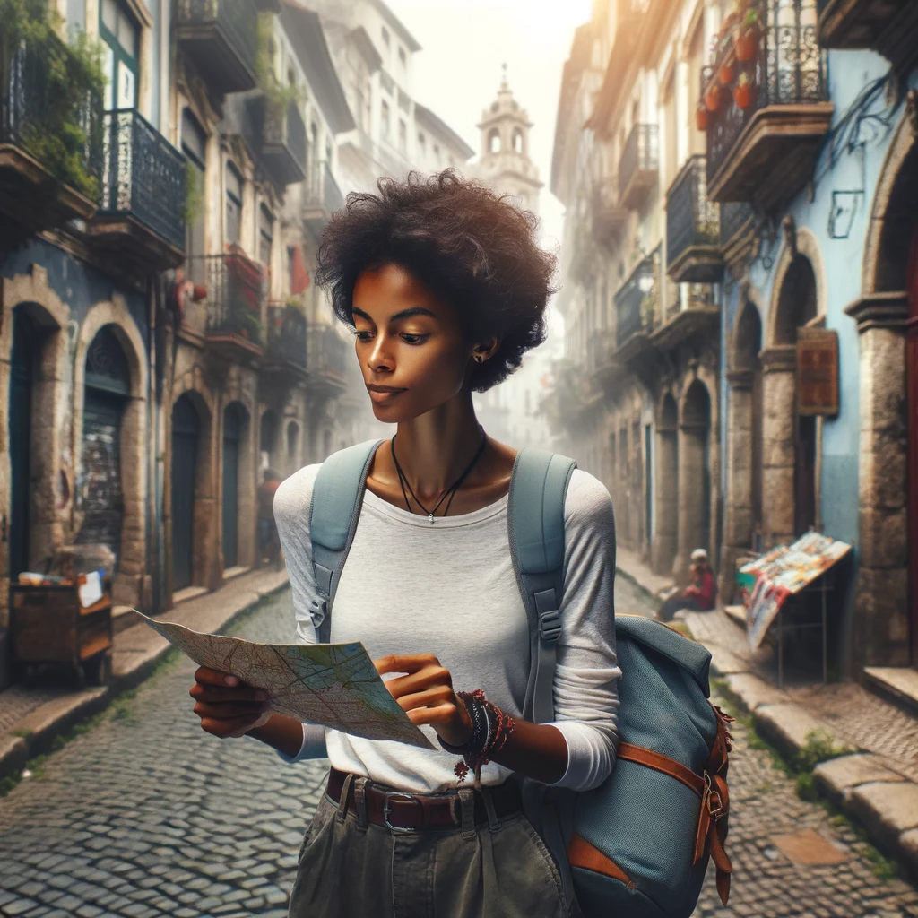 DALL·E 2023-11-24 12.02.36 - A traveler in a mysterious, foreign city. The traveler is a young African descent woman with short curly hair, wearing a light blue backpack, a white .png
