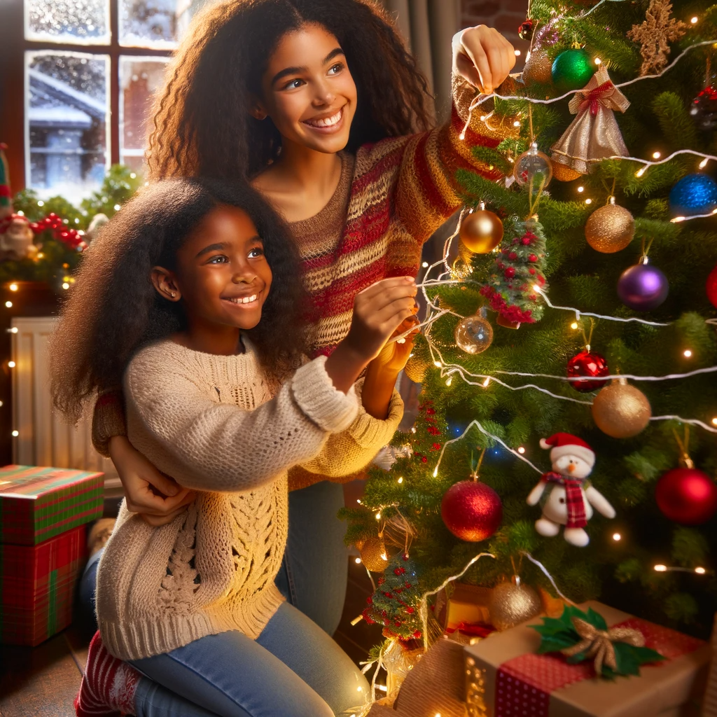 DALL·E 2023-12-02 08.05.51 - Two sisters, one Black and one Caucasian, happily decorating a Christmas tree together. The Black girl is hanging ornaments on the tree, while the Cau.png