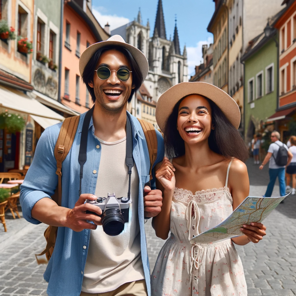 DALL·E 2024-01-03 10.57.41 - A joyful man and woman traveling together in a picturesque European city. The man, of Asian descent, is wearing casual summer clothes, a hat, and sung.png