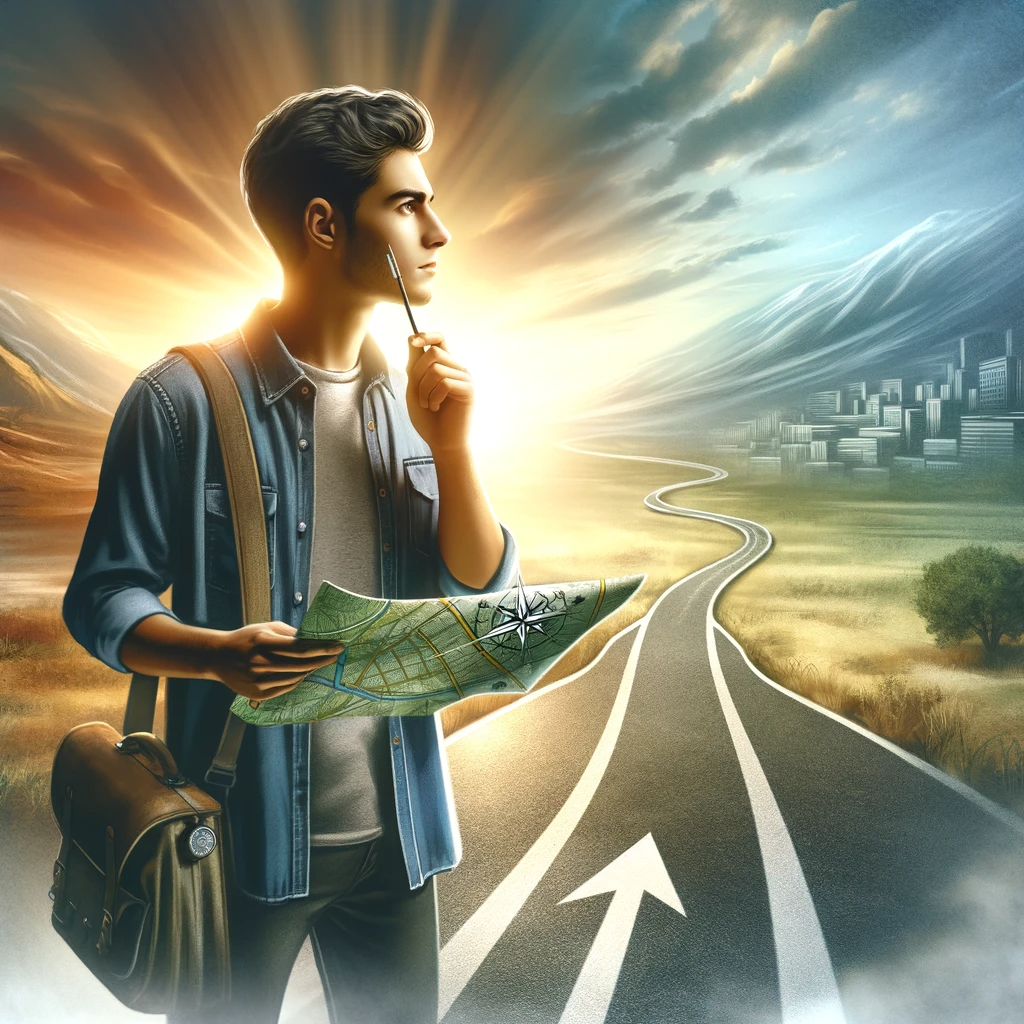 DALL·E 2023-11-20 15.32.12 - A symbolic image of a young adult forging their own path. The individual is standing at a crossroads, confidently looking towards a path that is brigh.png