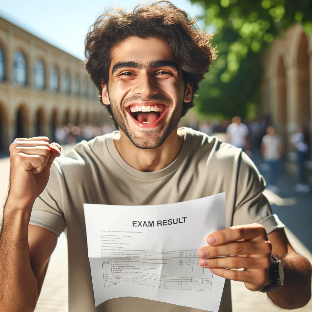 DALL·E 2023-12-19 09.10.02 - A young man of Middle-Eastern descent celebrating his exam success. He is outdoors, holding up an exam result letter with a big, joyful smile. He's we.png