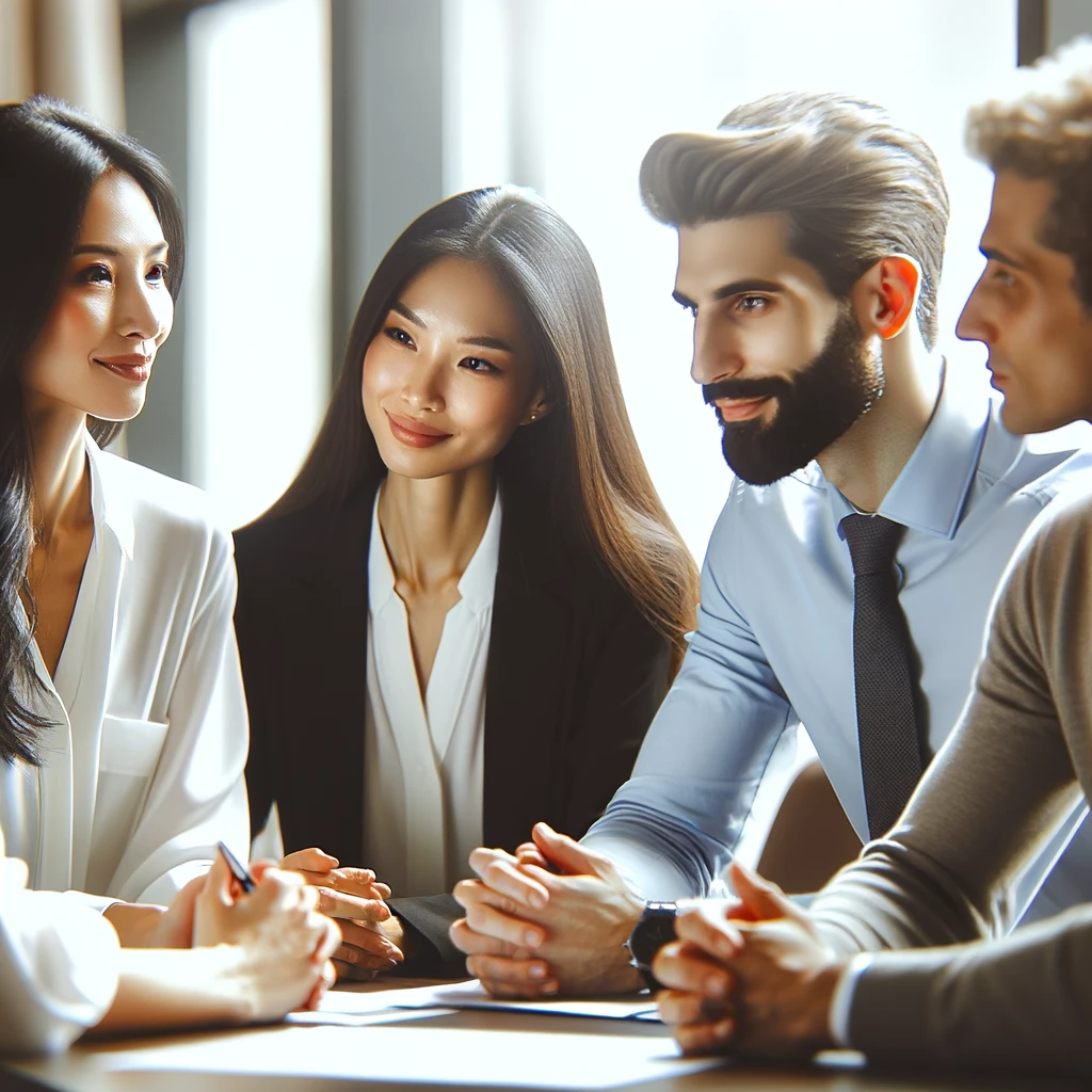 DALL·E 2023-11-29 16.12.52 - A diverse group of colleagues showing respect and teamwork in a professional setting. The group includes a Caucasian woman, an Asian man, a Black woma.png