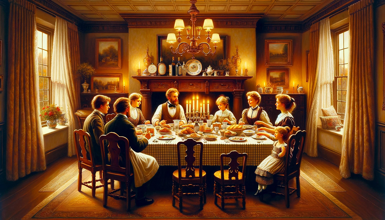DALL·E 2023-11-13 09.24.00 - A warm and inviting 19th-century style painting showcasing a family dinner scene. The setting is a homey interior with the charm of the Victorian era,.png