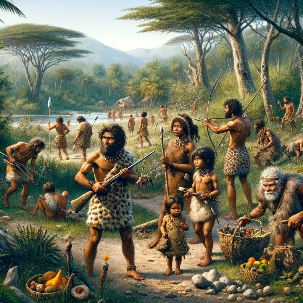 DALL·E 2023-12-03 07.40.58 - A prehistoric landscape from 30,000 years ago, featuring a group of Homo sapiens engaged in hunting and gathering activities. In the foreground, a sma.png