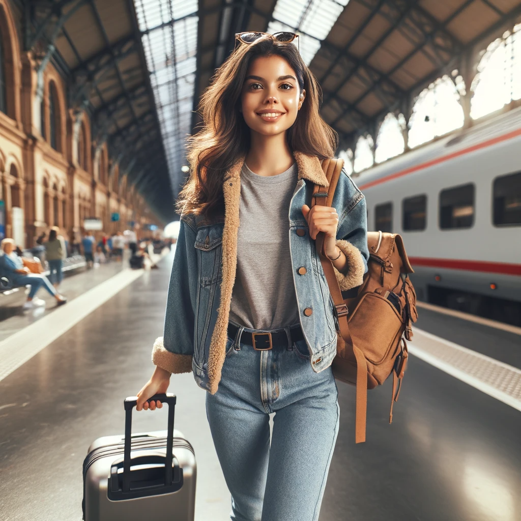 DALL·E 2023-12-15 08.53.00 - A young female student of Hispanic descent embarking on a journey. She is carrying a backpack and pulling a small suitcase, dressed in comfortable tra.png