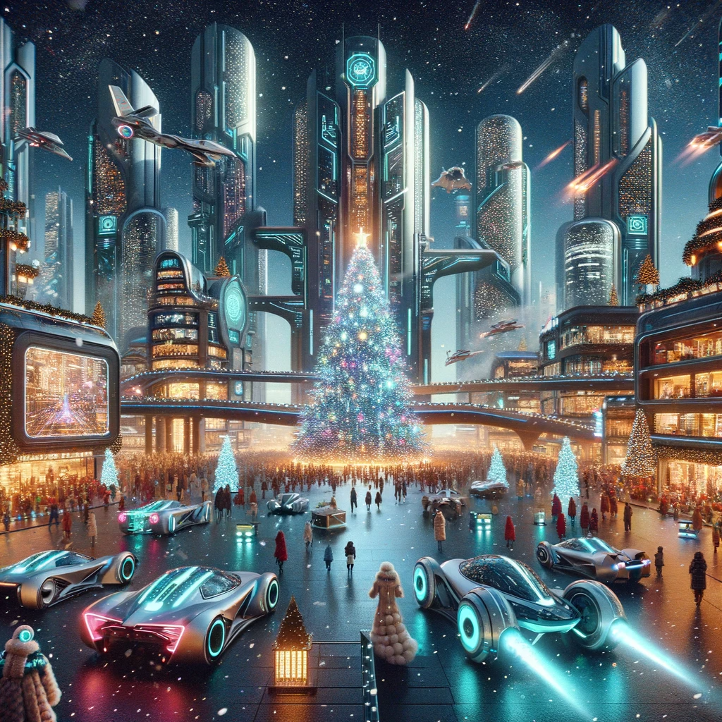 DALL·E 2023-11-16 21.34.14 - A futuristic Christmas scene set in the year 2100. The cityscape is adorned with towering, sleek buildings with glowing windows. Flying cars with slee.png