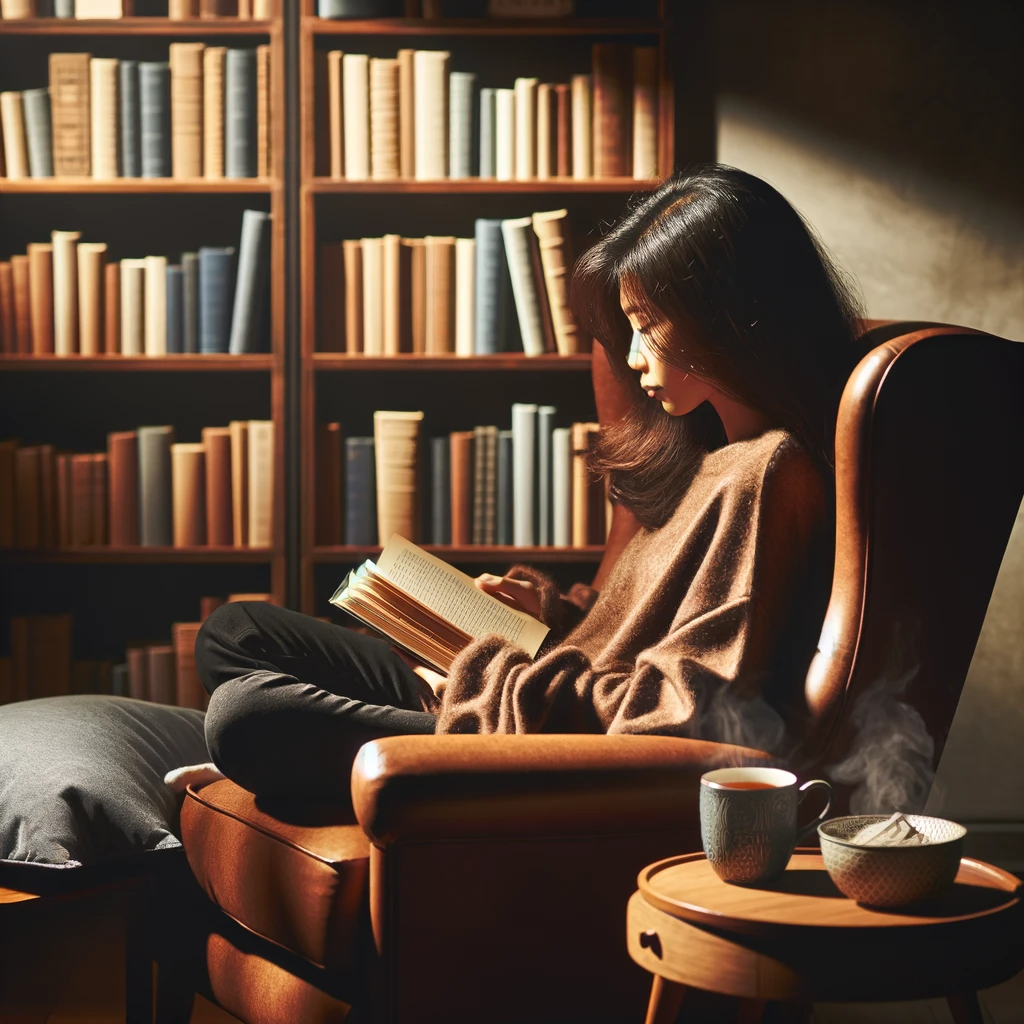 DALL·E 2023-11-21 12.17.06 - A person of Asian descent is comfortably seated in an armchair, immersed in reading a book. The setting is a cozy room, with warm lighting casting sof.png