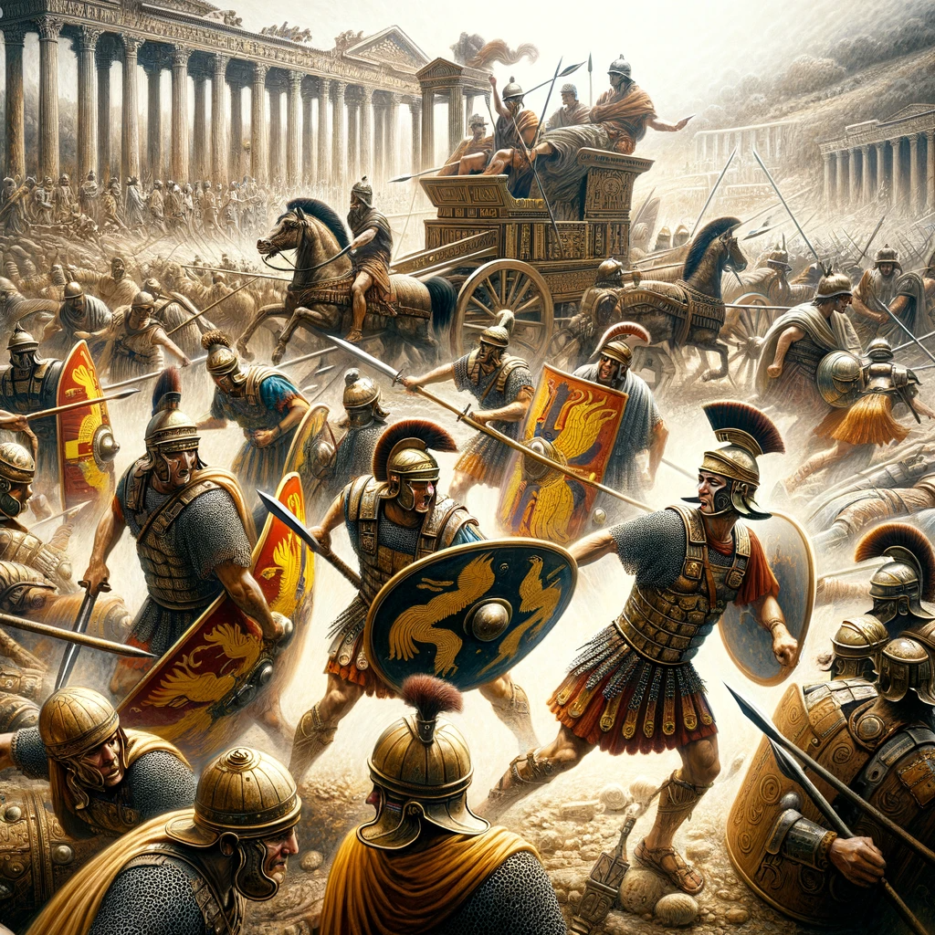 DALL·E 2023-11-29 16.07.22 - An ancient Roman battlefield scene. The image showcases Roman soldiers in traditional armor and helmets, engaged in battle with swords and shields. Th.png