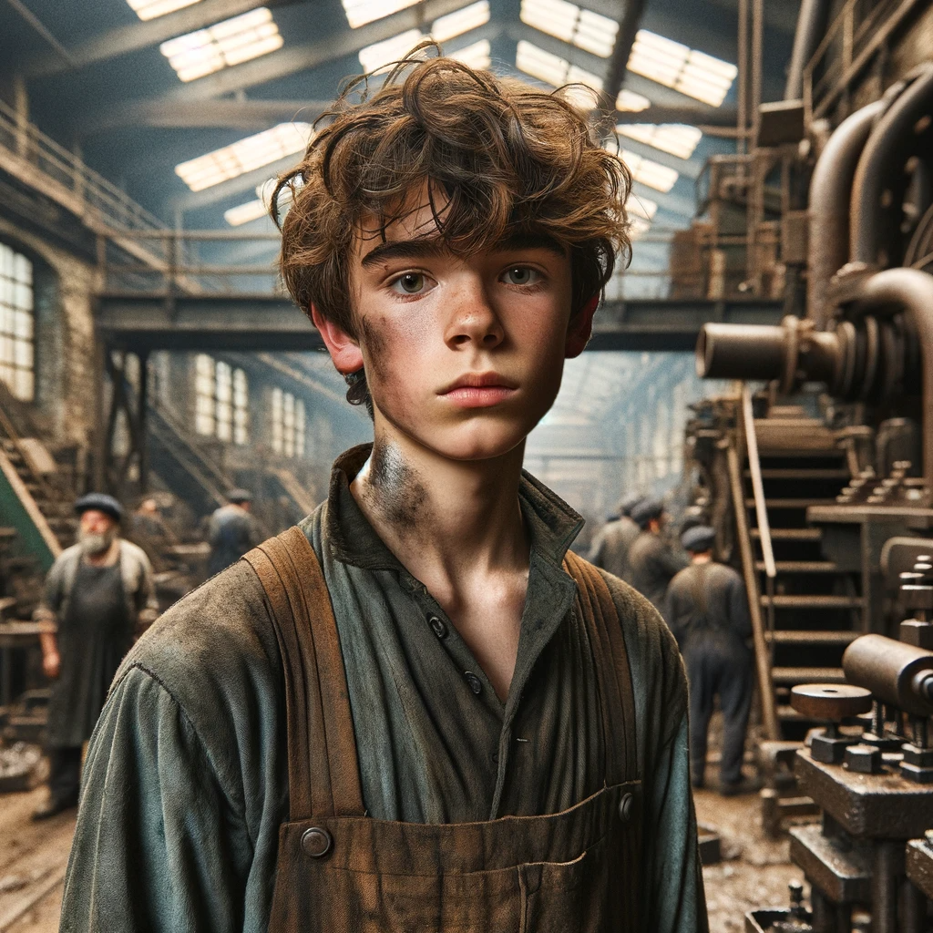 DALL·E 2023-12-01 12.38.52 - A young Caucasian male factory worker during the Industrial Revolution in England. He is wearing old, somewhat dirty work clothes, with oil and dirt o.png