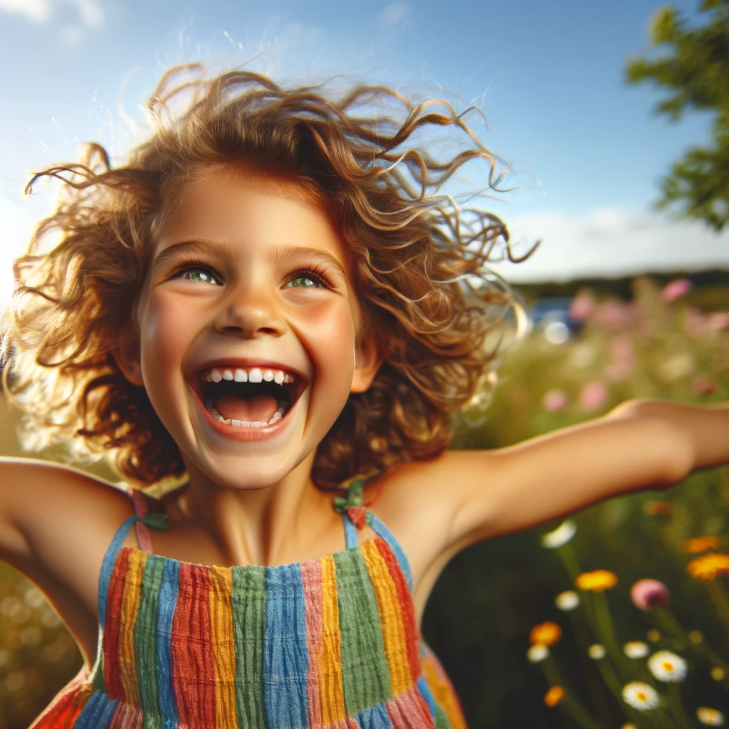 DALL·E 2023-12-20 08.11.54 - A joyful young girl experiencing a moment of pure happiness. She is about 10 years old, with curly, shoulder-length blonde hair, and bright green eyes.png