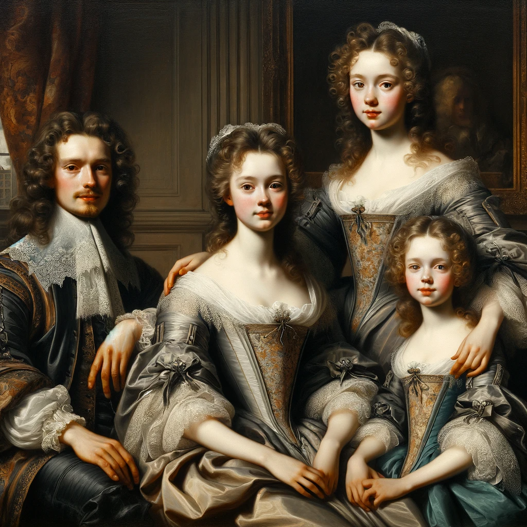 DALL·E 2023-11-13 09.25.53 - A painting in the style of the 17th century, featuring a family portrait with a mother, a father, and two sisters. The parents are seated, exuding a s.png