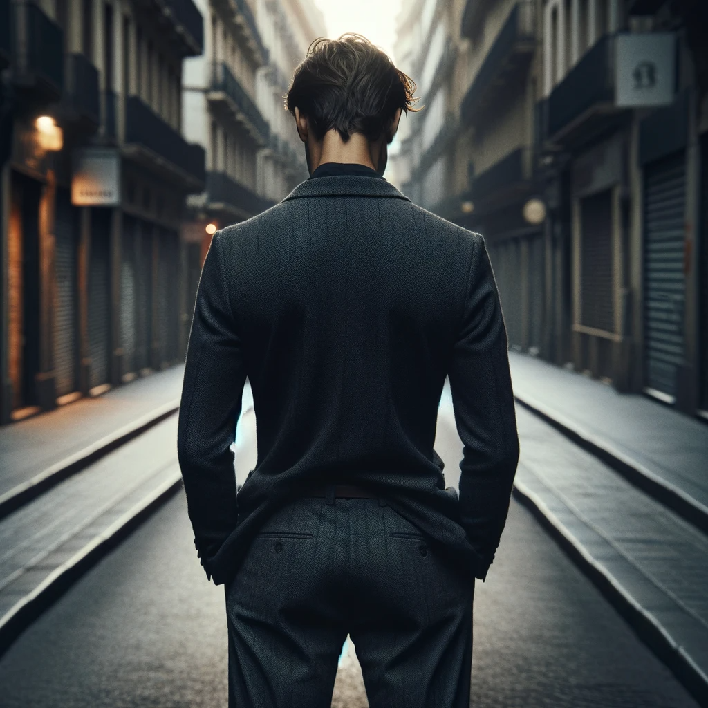 DALL·E 2023-11-14 10.26.07 - A somber image of a man seen from behind, capturing the feeling of loneliness after losing his job. He is dressed in a simple, slightly disheveled sui.png