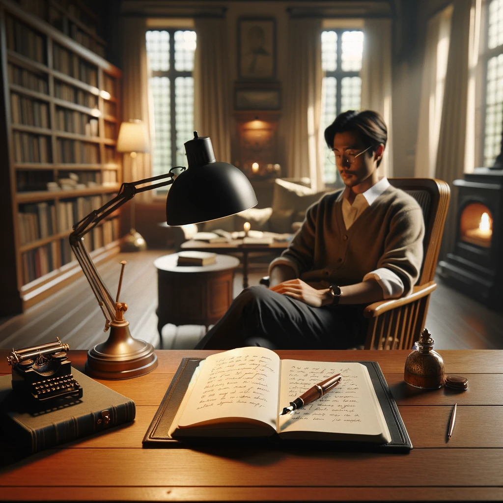 DALL·E 2023-12-03 07.42.28 - A serene indoor setting with a wooden desk at the center. On the desk, there's an open notebook with handwritten text. Beside the notebook, a vintage .png