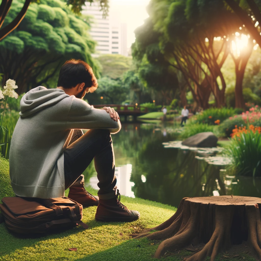 DALL·E 2023-11-19 09.13.18 - A person who has lost confidence, sitting alone in a contemplative pose in a peaceful park. The person, a young adult of Middle-Eastern descent, is lo.png