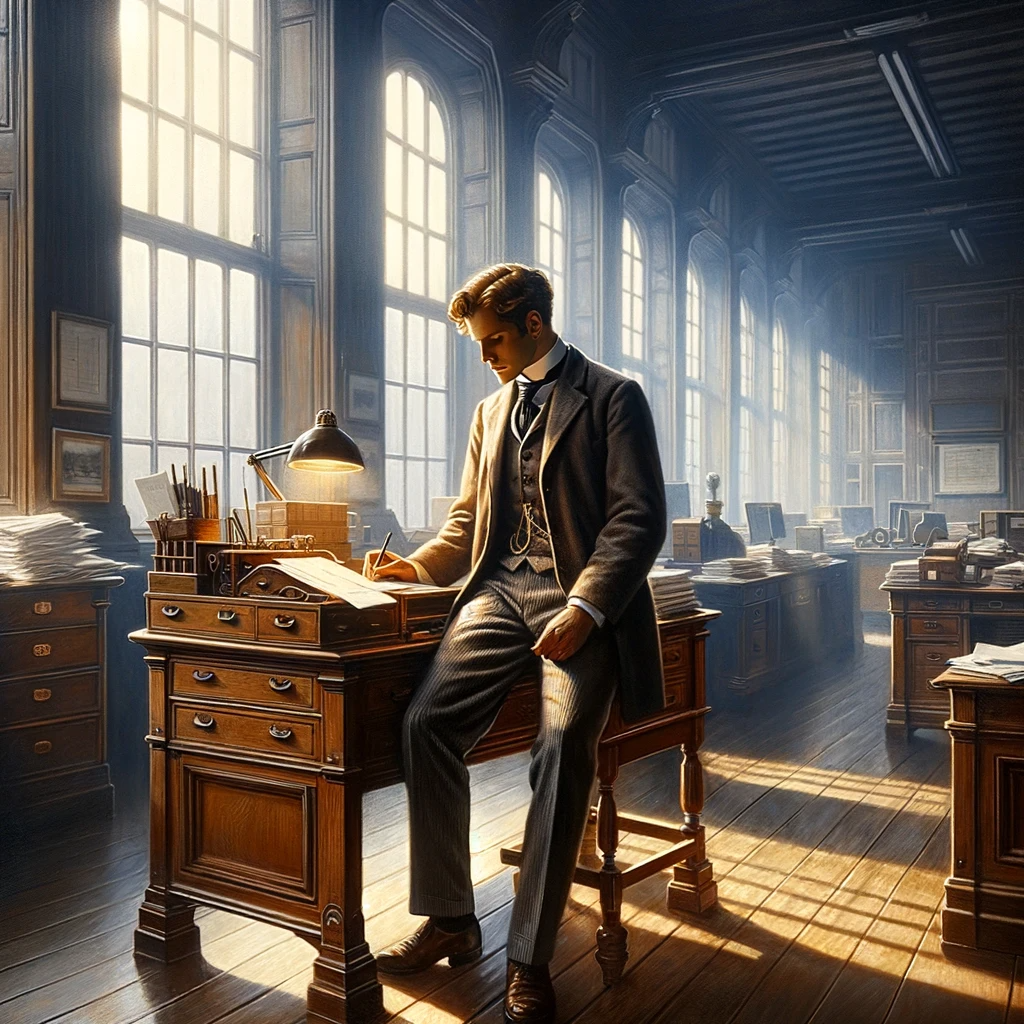 DALL·E 2023-11-13 15.39.55 - A 19th-century style painting depicting an office worker. The individual is dressed in period attire, perhaps a waistcoat and trousers for a man, or a.png
