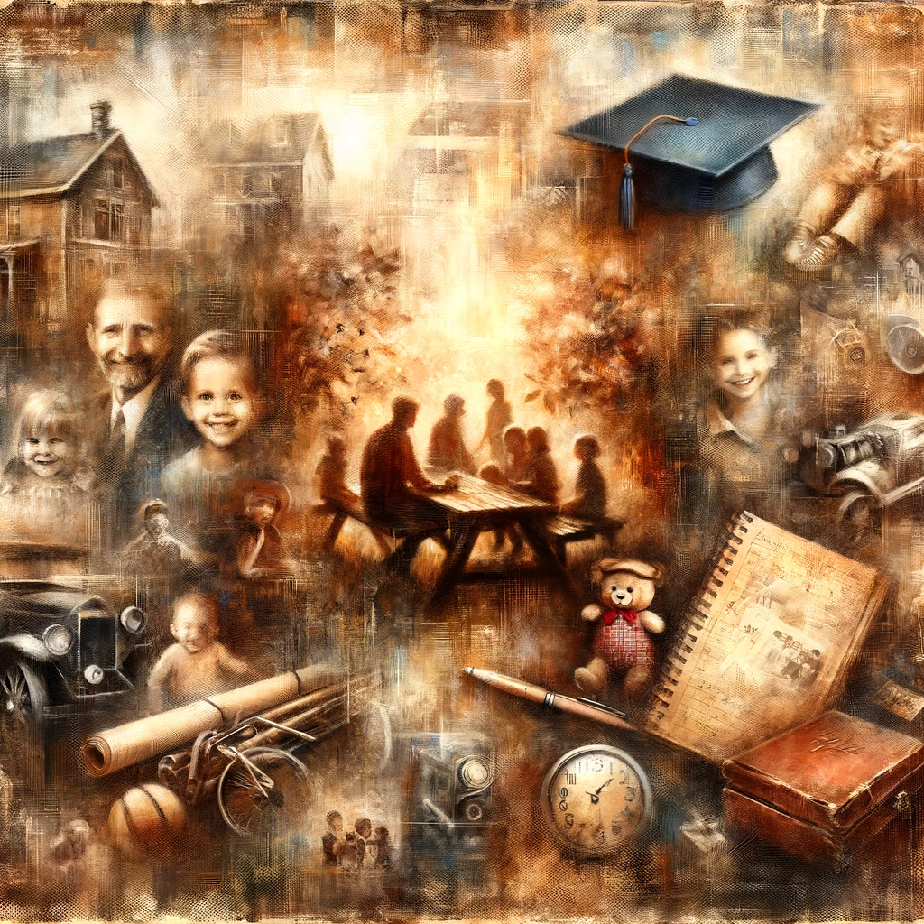 DALL·E 2023-11-13 11.13.56 - An evocative and nostalgic painting illustrating the theme of memories. The scene is a collage of overlapping images, like a tapestry woven from past .png
