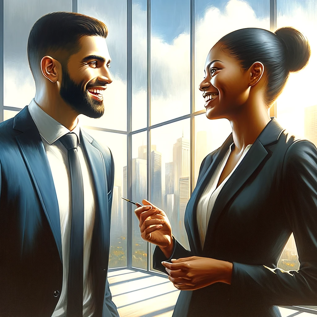 DALL·E 2024-01-08 08.10.07 - A painting of a male and a female leader in a bright, optimistic setting. They are both smiling and engaged in a positive conversation. The male leade.png