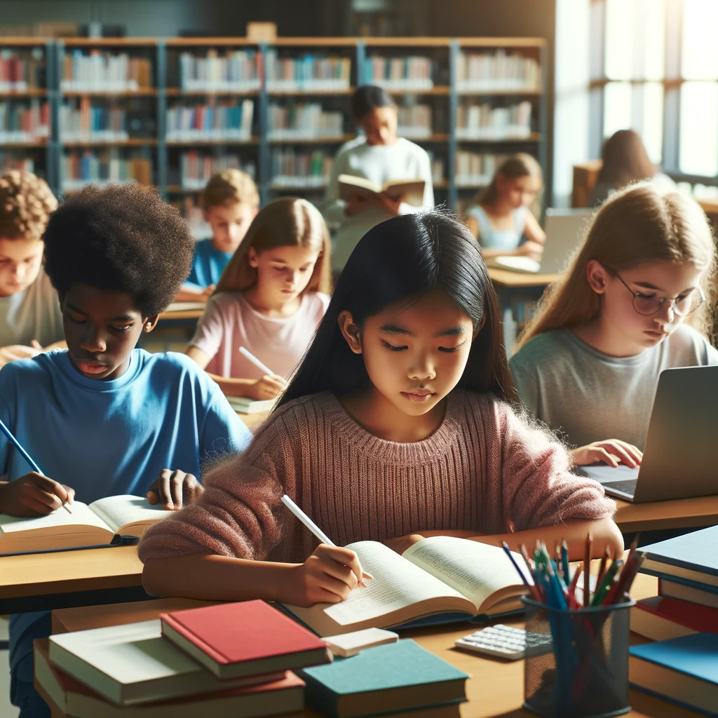 DALL·E 2023-12-01 12.38.44 - Diverse children studying in a library. One child is an Asian female student, sitting at a desk and reading a book intently. Another child is a Black .png