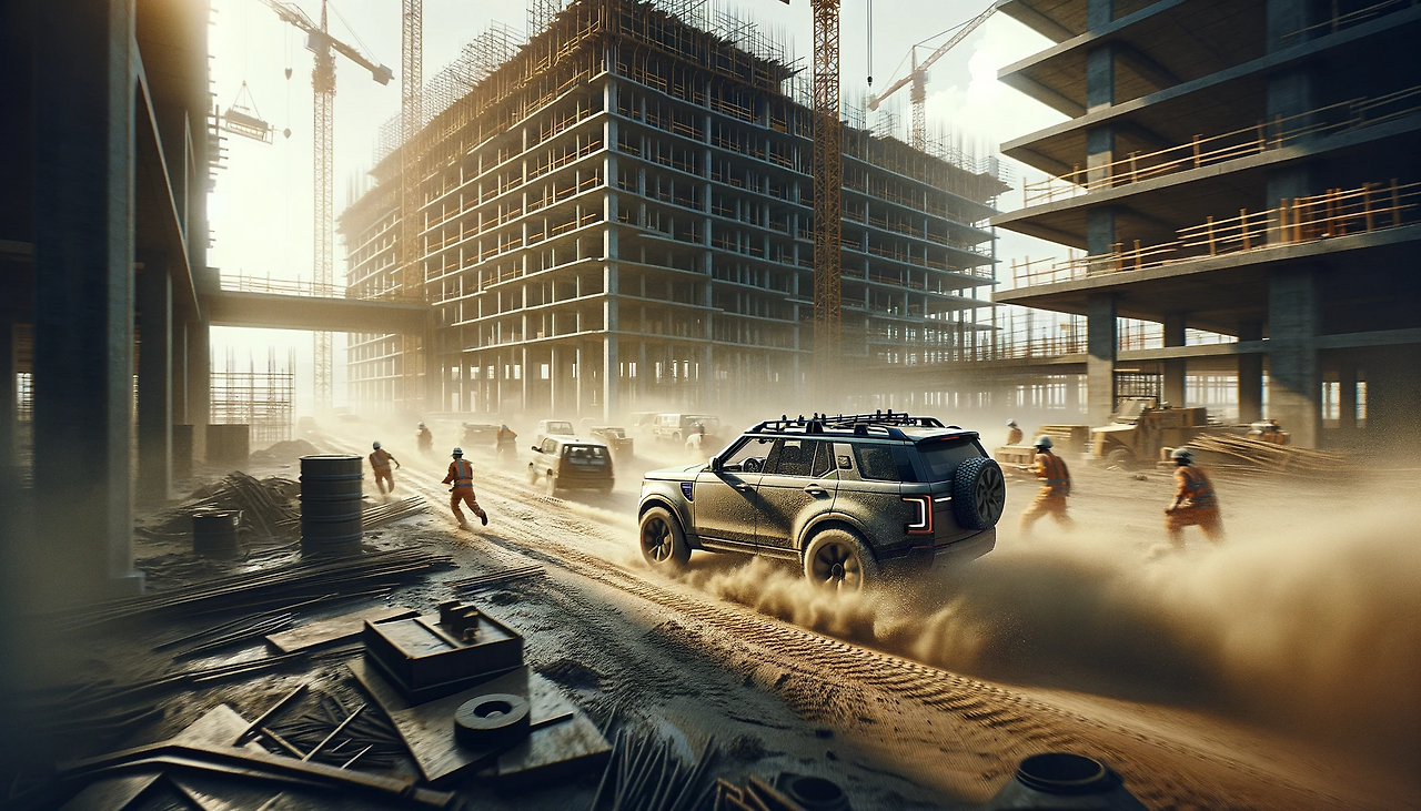 DALL·E 2023-11-30 07.52.06 - A scene depicting a car driving through a large construction site, kicking up dust. The car is a rugged, off-road type, coated with dust, emphasizing .png