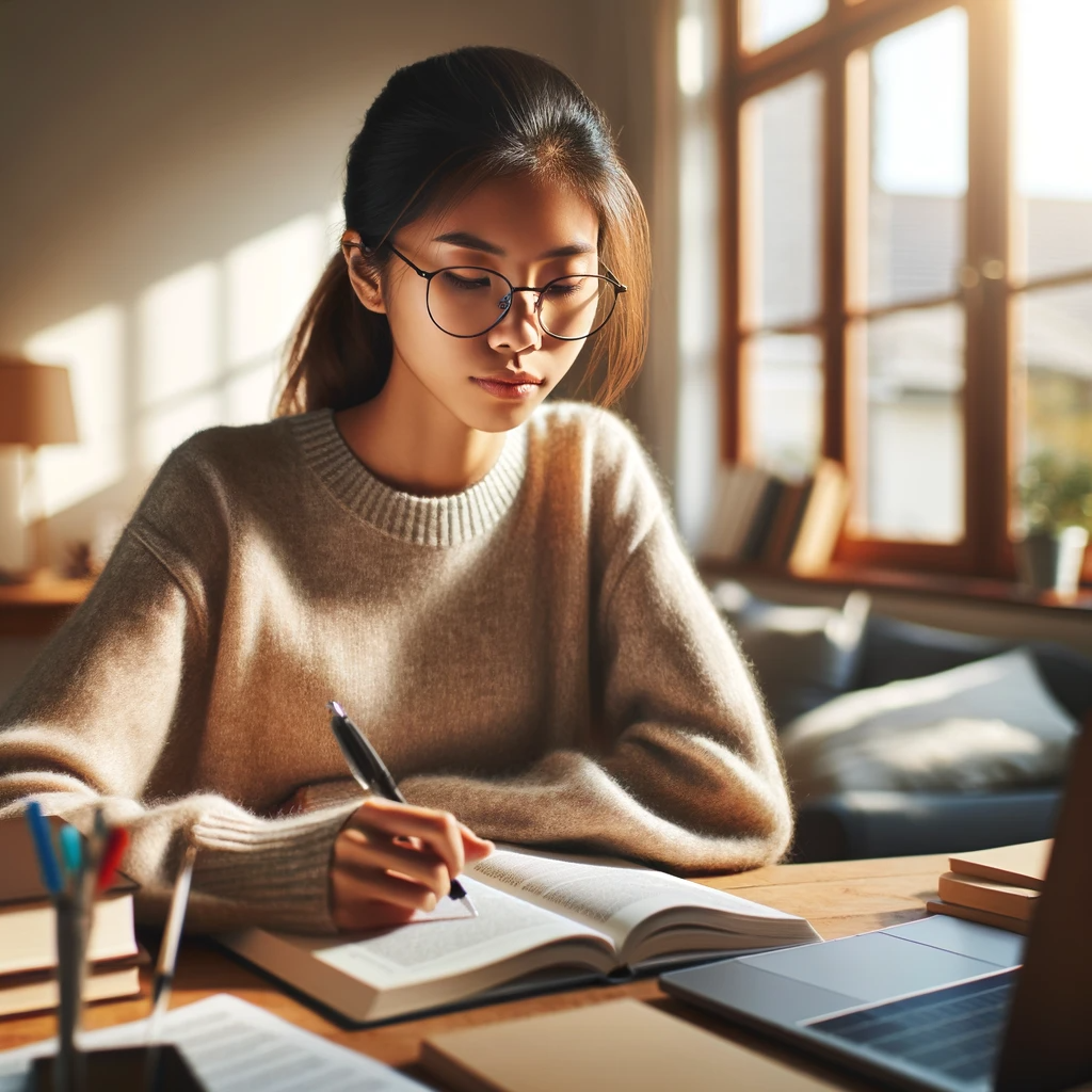 DALL·E 2023-12-15 08.51.36 - A focused female student of East Asian descent studying intently at a desk. She is surrounded by textbooks, a laptop, and stationery. Her hair is tied.png