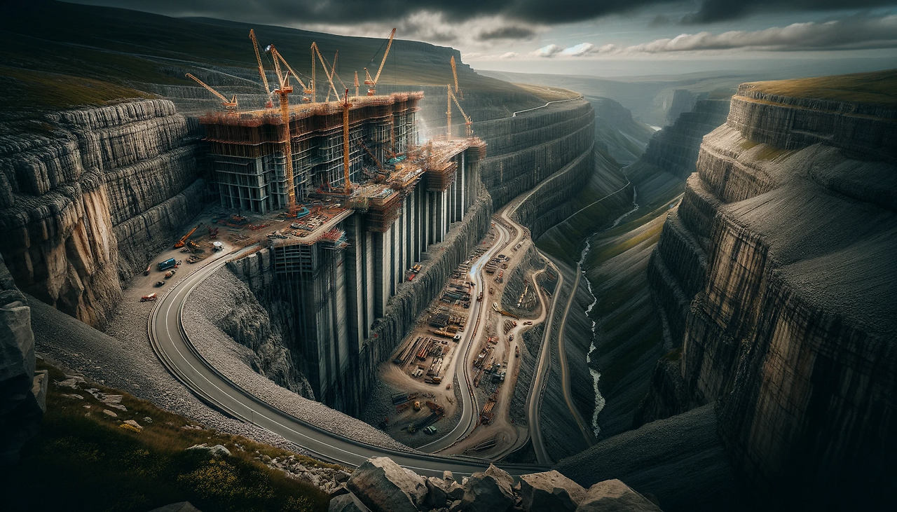DALL·E 2023-11-30 07.53.11 - A dramatic scene of a cliffside road with a large construction site for a massive building. The road is narrow and winds along the edge of a steep cli.png