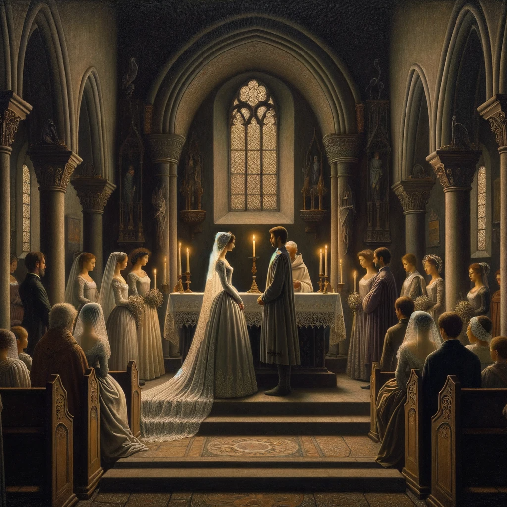 DALL·E 2023-11-14 13.14.09 - A 15th-century style painting depicting a melancholic wedding scene. The setting is in a small, modestly decorated chapel, with only a few attendees p.png