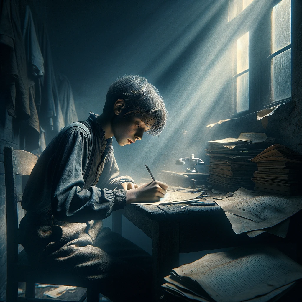 DALL·E 2023-11-14 13.16.36 - A poignant depiction of a young person enduring hardships in their youth. The scene shows them in a dimly lit, sparse room, symbolizing their challeng.png
