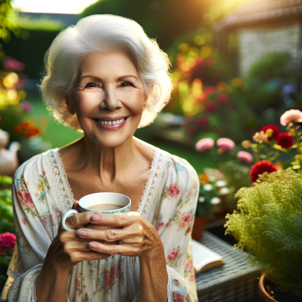 DALL·E 2023-12-19 13.51.07 - An elderly woman of Caucasian descent radiating happiness in her later years. She is sitting in a sunny garden, surrounded by colorful flowers and gre.png