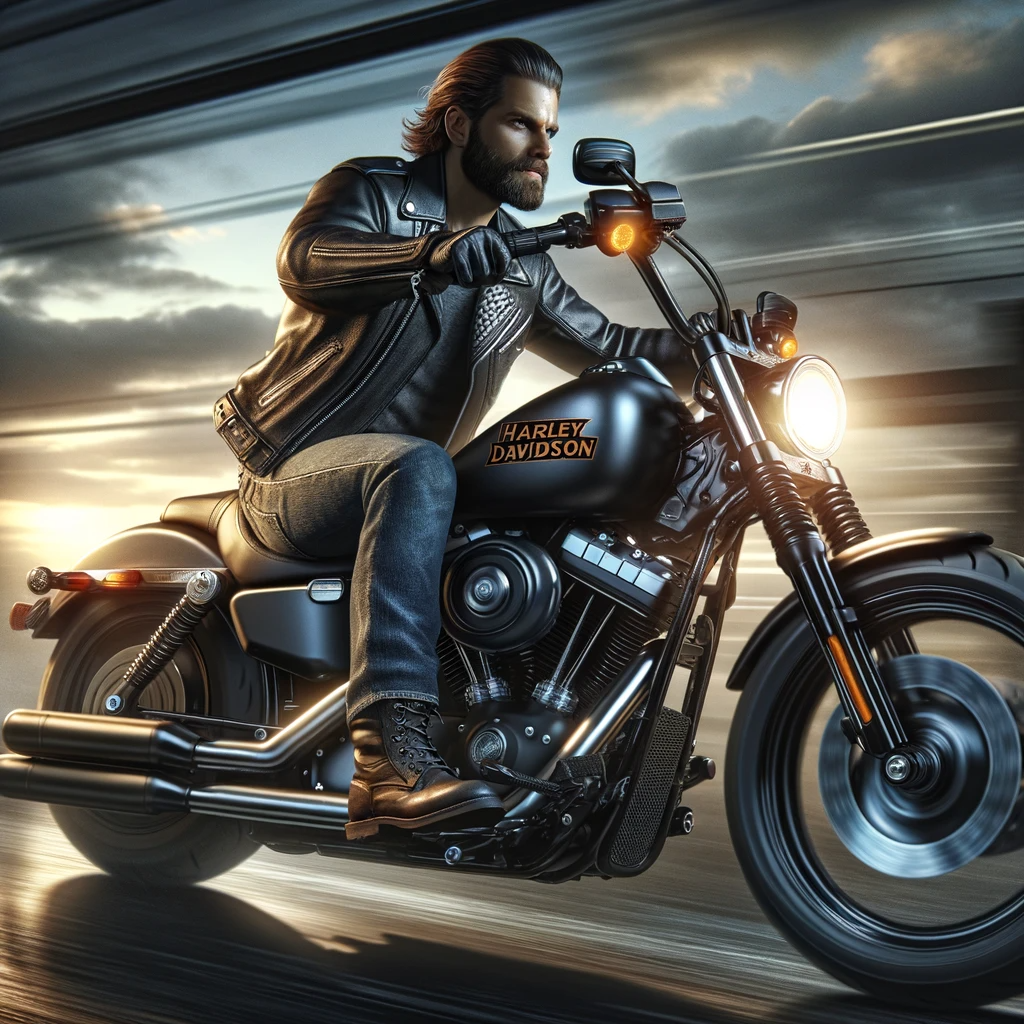 DALL·E 2024-01-16 15.56.56 - A realistic image of a cool man riding a Harley Davidson motorcycle. The man is wearing classic biker attire_ a black leather jacket, jeans, and boots.png