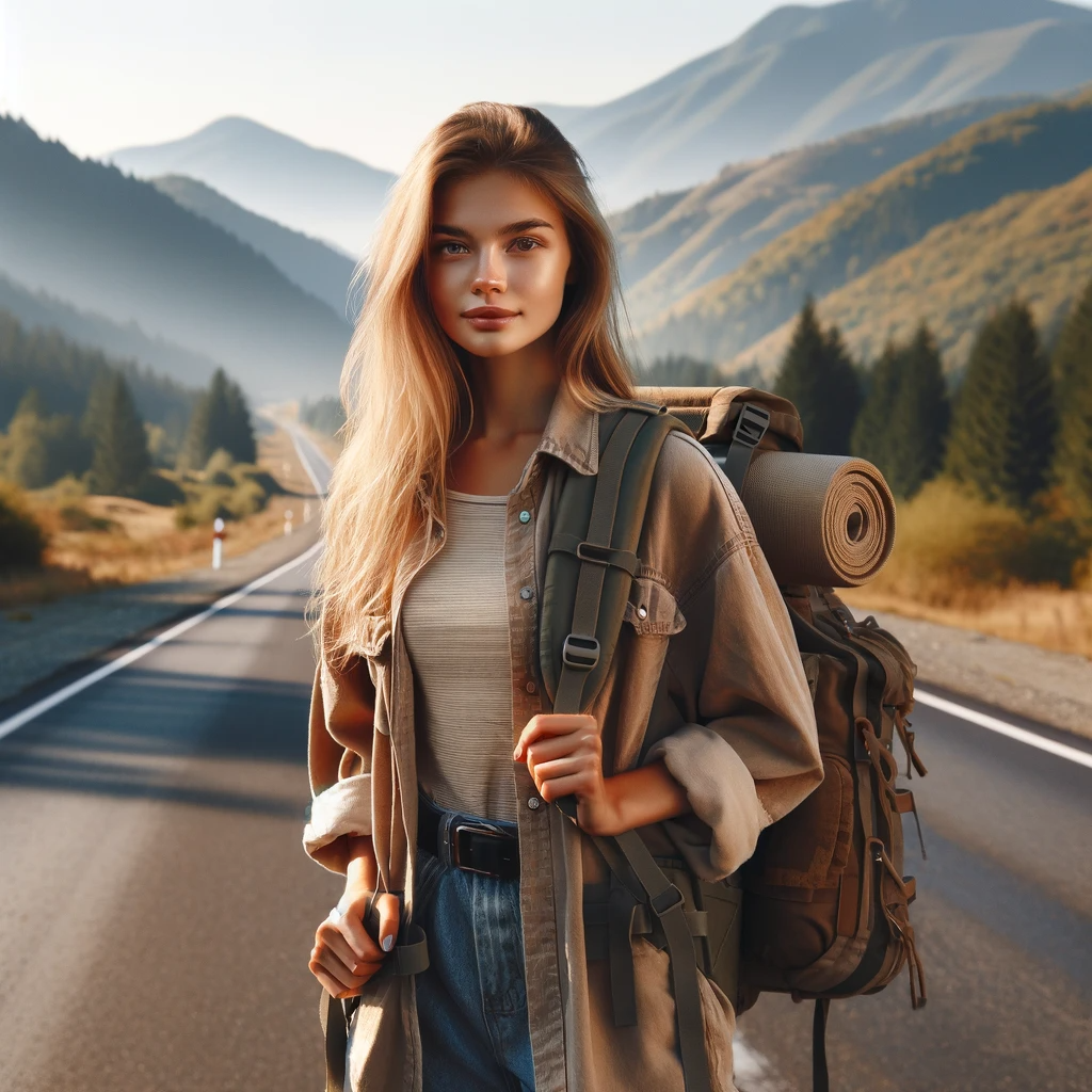 DALL·E 2023-12-01 12.41.16 - A young Caucasian female adventurer with a backpack, standing on a deserted road, surrounded by beautiful natural scenery. Mountains and forests are v.png