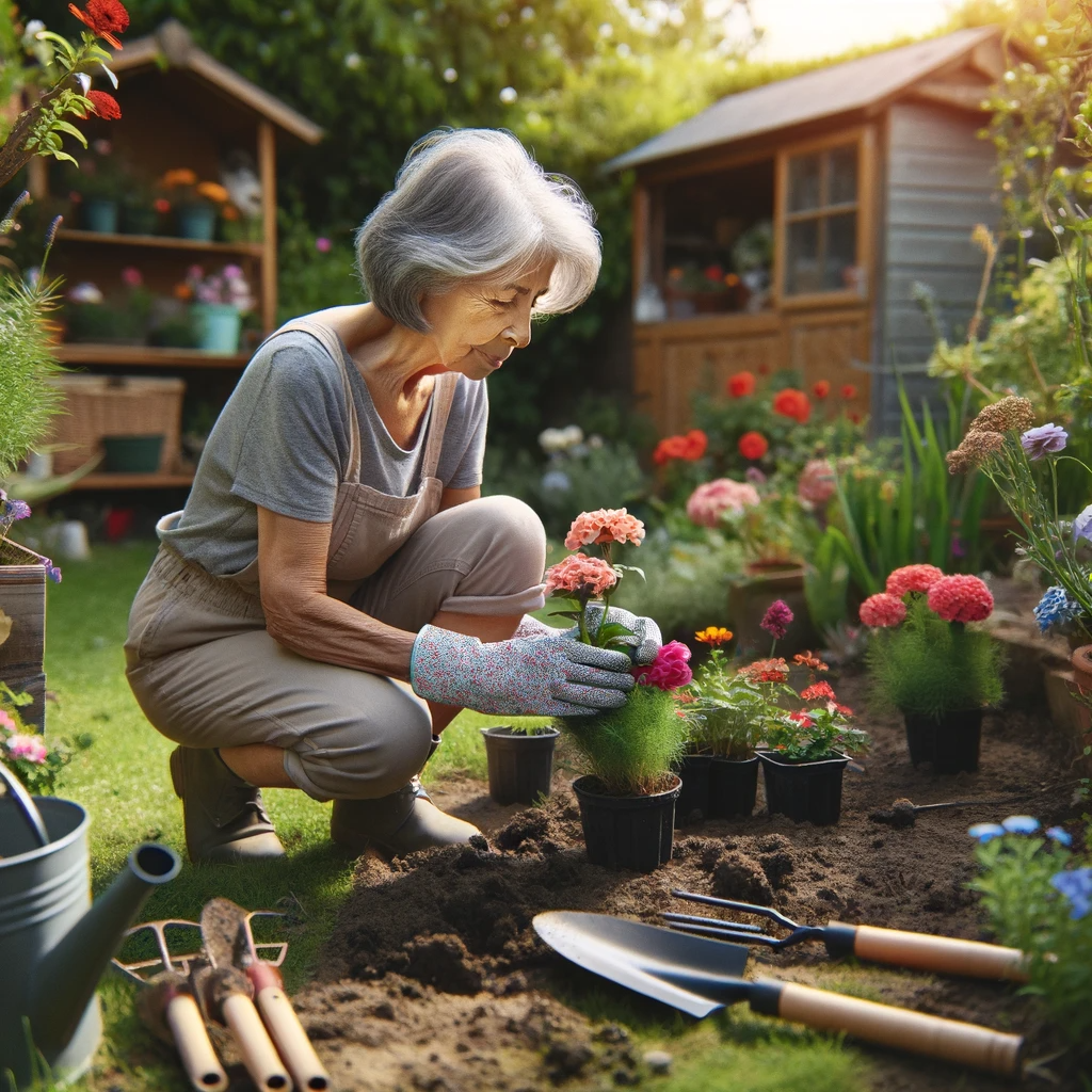 DALL·E 2023-12-01 12.38.36 - An elderly Hispanic woman working in a small garden, tenderly tending to the flowers. She is wearing knee pads and planting flowers, with gardening to.png