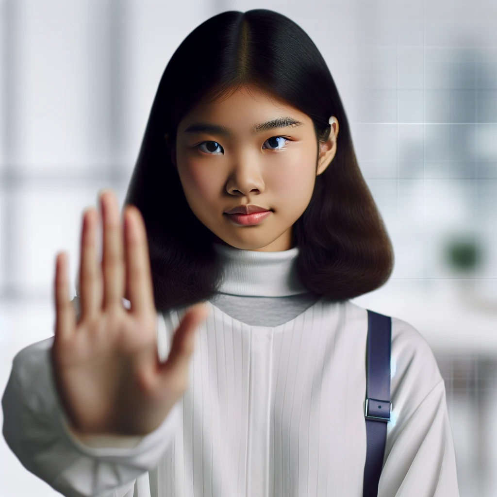 DALL·E 2023-12-02 08.05.43 - A young Asian girl with a confident and firm expression, looking directly at the camera. Her hand is making a 'stop' gesture, and her posture and expr.png