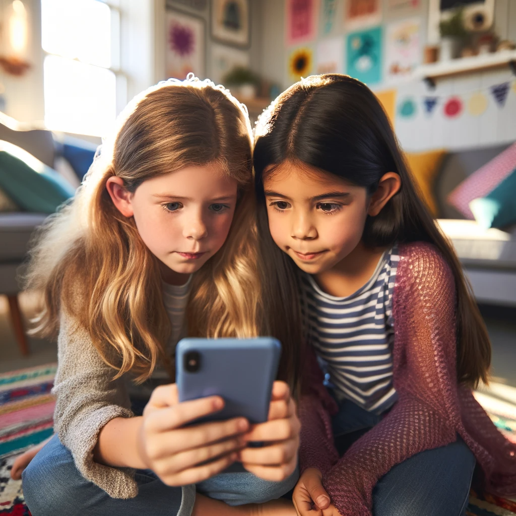 DALL·E 2023-12-26 14.53.18 - Two girls, deeply engrossed in looking at a smartphone. The first girl, a Caucasian with blonde hair, is about 12 years old and is holding the smartph.png