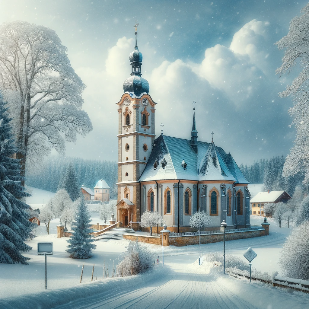 DALL·E 2023-11-27 09.35.32 - A serene winter scene featuring an old, picturesque church set against a snowy landscape. The church is of traditional European architecture, with a t.png