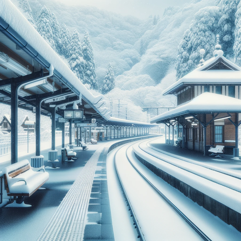 DALL·E 2023-11-29 15.10.04 - An empty train station blanketed in fresh white snow. The scene depicts a peaceful, solitary atmosphere with snow covering the platforms, tracks, and .png